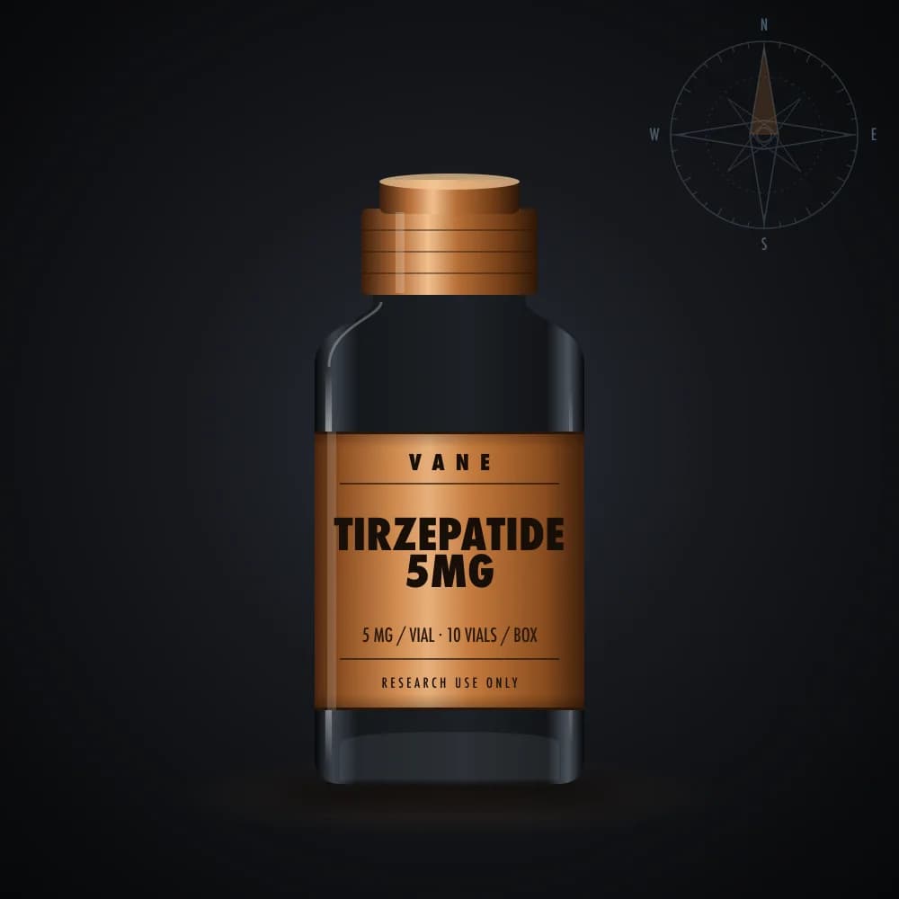 Tirzepatide 5mg vial render, 10 × 5 mg per box
