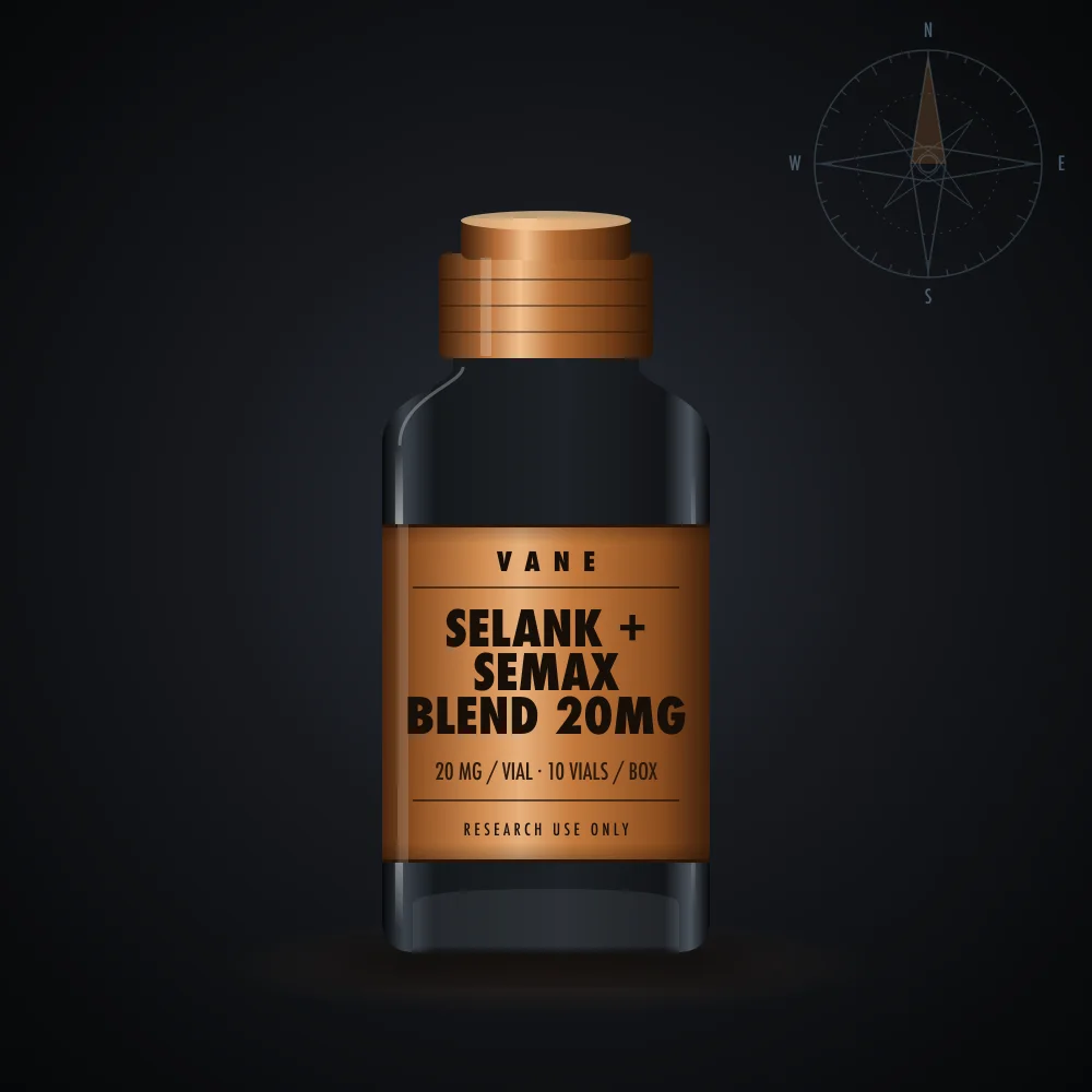 Selank + Semax Blend 20mg vial render, 10 × 20 mg per box